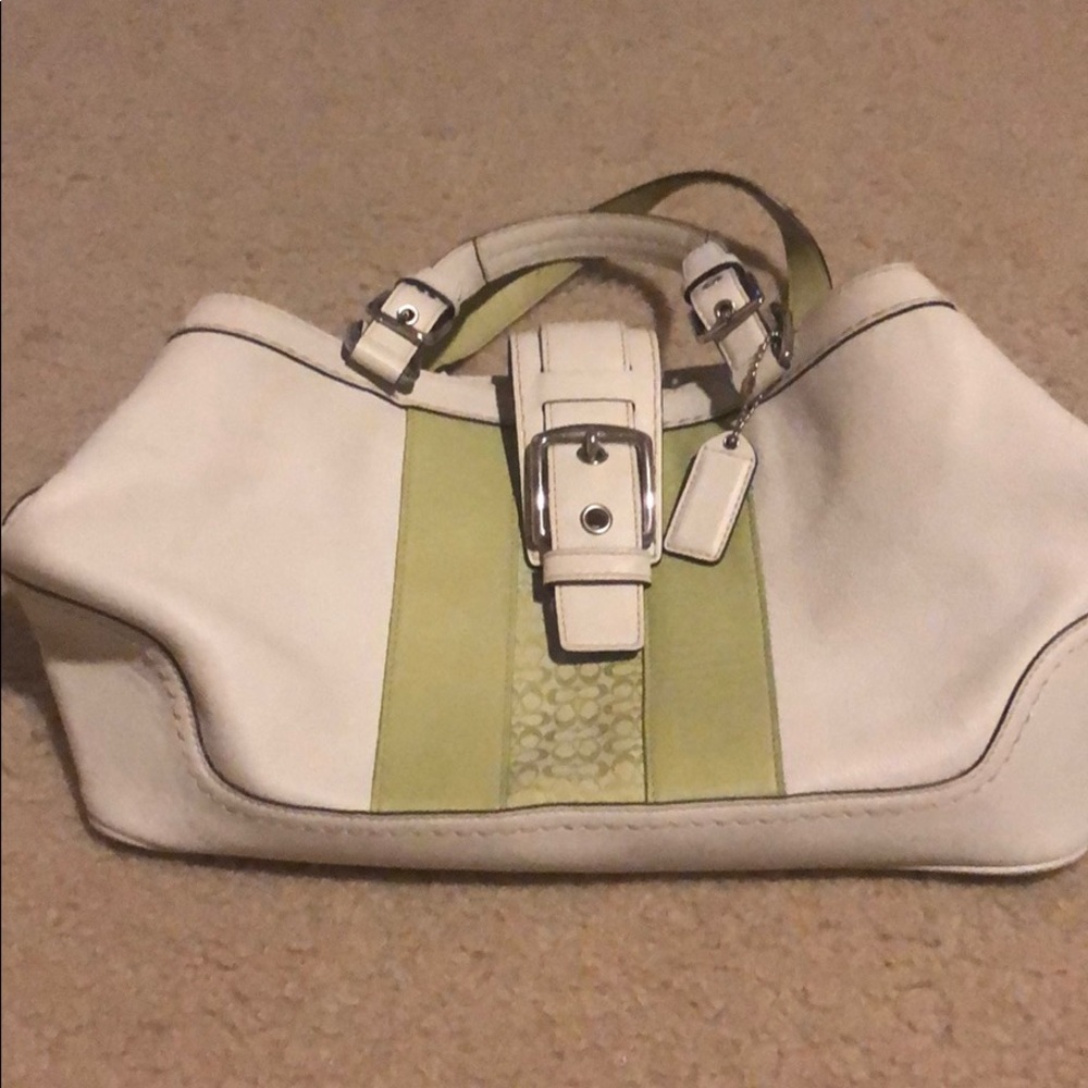 White and light lime leather and canvas Coach
